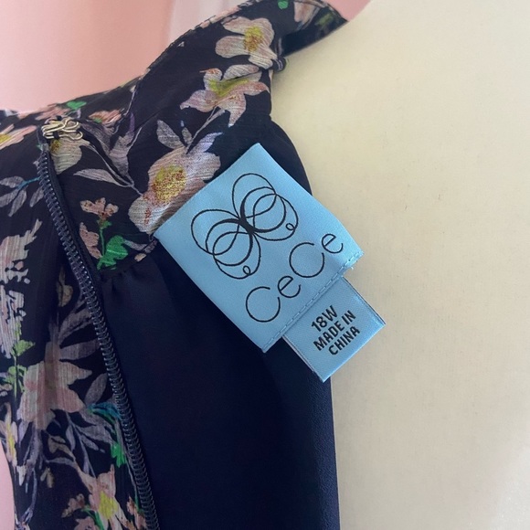 Cece Midi Asymmetrical Sleevelessā Mock Neck Floral Print Dress Lettuce Trim - Picture 9 of 15